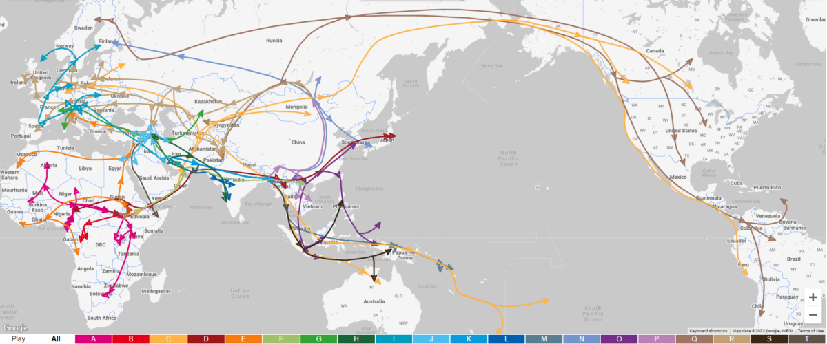 The map shows the migration of Haplogroups A-T from "Y-Adam" through time until 2,000 years ago.