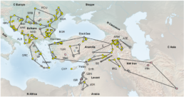 A map showing the entirety of the Southern Arc from the Lazaridis et. al 2022 paper