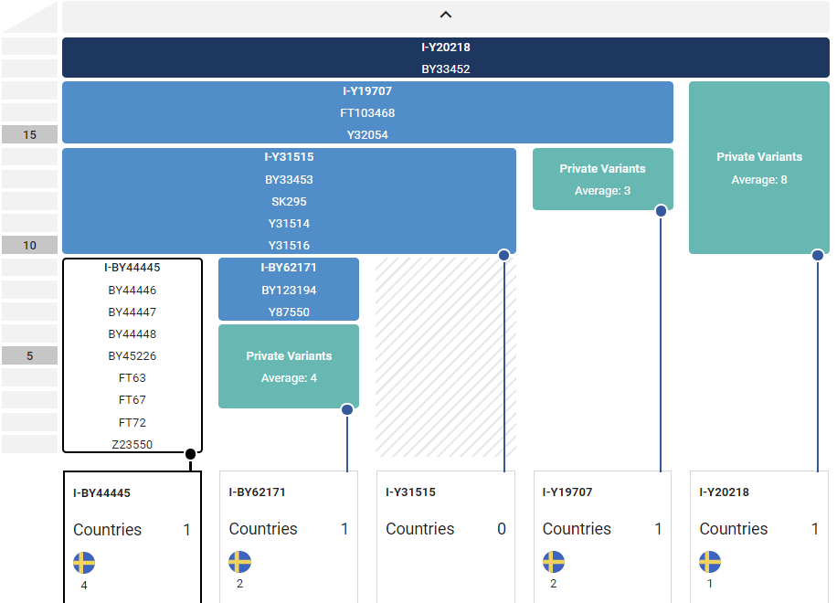 Block Tree view of Y-DNA haplogroup I-Y20218. The SNP axis on the left represents evolutionary time. You can compare this view with the Time Tree view under FamilyTreeDNA Testers in the Time Tree.