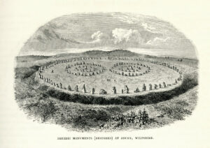 Vintage engraving of Avebury or Abury (Restored). Avebury is a Neolithic henge monument containing three stone circles, around the village of Avebury in Wiltshire, in southwest England. Unique amongst megalithic monuments, Avebury contains the largest stone circle in Europe, and is one of the best known prehistoric sites from the Neolithic Age in Britain.