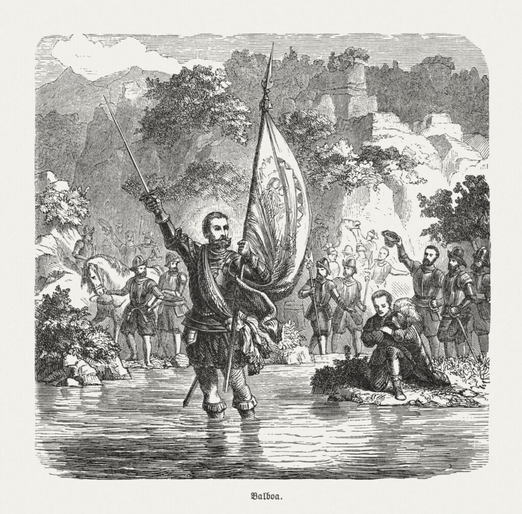 After crossing Panama, Balboa was the first European to reach the Pacific Ocean on September 25, 1513. Vasco Núñez de Balboa (c. 1475 - 1519), Spanish explorer, governor, and conquistador. Wood engraving, published in 1888.