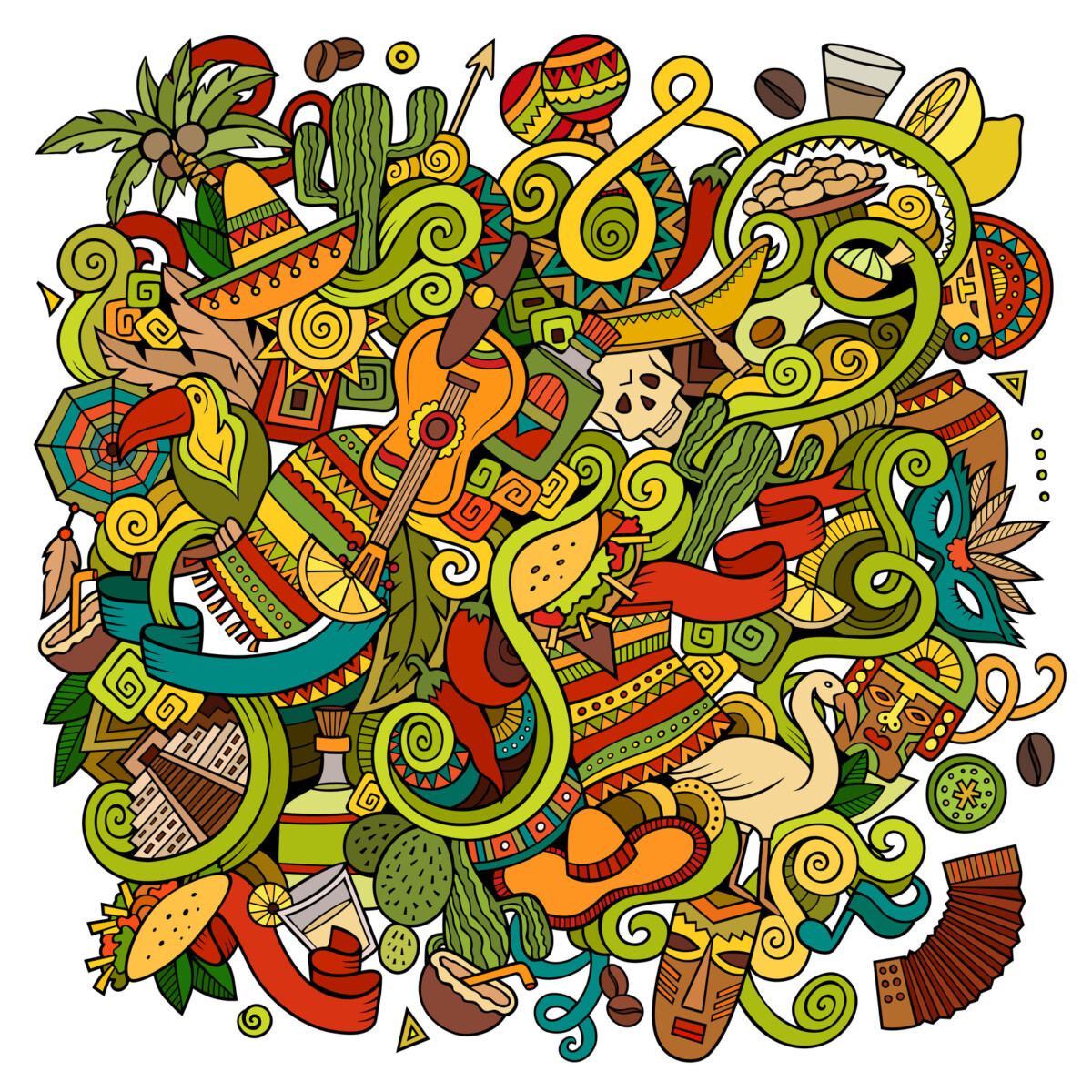 Cartoon hand-drawn doodles Latin American illustration. detailed, with lots of objects.