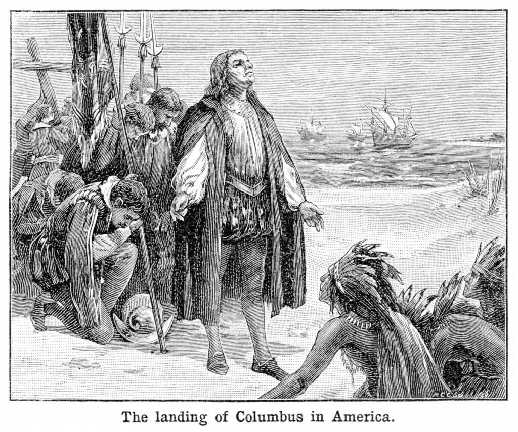 Columbus landing in America engraving 1897 Natural Elementary Geography by Redway and Hinman - NY/Cincinnati/Chicago 1897