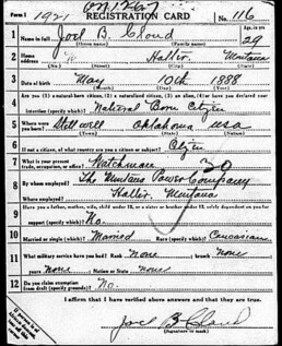 Joel B. Cloud’s World War I draft card. Note the race listed as Caucasian.