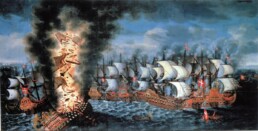 Painting from 1686 by Claus Møinichen showing how Kronan explodes and shift over