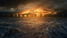 Vikings ships on the horizon of stormy ocean. Mysterious atmosphere under the shining sky.