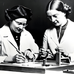 An AI generated image of an old photo of two female scientists working in a lab. Rosalind Franklin and Florence Bell were never able to work with each other, their research however did work together to help aid in our current understanding of DNA.