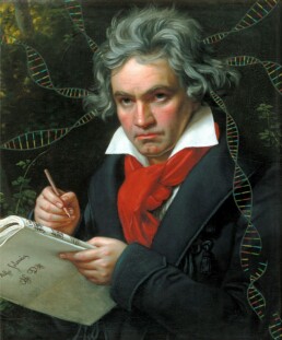 Beethoven’s DNA illustration based on Portrait of Beethoven by Joseph Karl Stieler, 1820. Image credit: Beethoven-Haus Bonn / Tristan Begg.