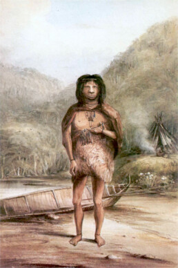Picture of a Fuegian (possibly a Yaghan) by ship's artist Conrad Martens during a visit of HMS Beagle.