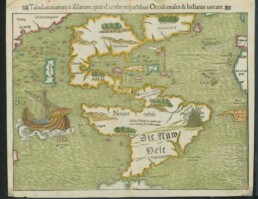 famous map, the Spanish flag flies prominently in the West Indies, while the Portuguese flag dominates the south Atlantic – reflecting pronouncements by Pope Alexander VI in 1493 and the Treaty of Tordesillas between Spain and Portugal of 1494.