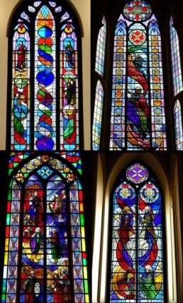Four AI generated images of stained glass DNA and portraits to represent genetic genealogy.