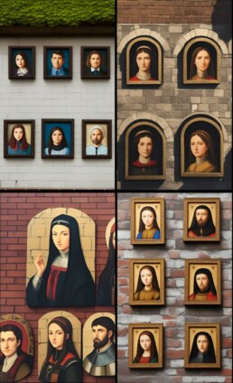 Four AI Generated images of portraits adorning brick walls