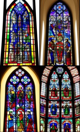 Four AI generated stained glass windows of people.