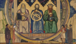 Contribution of the Jew in the Middle Ages: Three figures are depicted, the first one holding an empty slate, typifying philosophy. Above him are the scales signifying truth and justice. The center figure in blue holds an astrolab. Above him is a sphere and an ark, also a star. He symbolizes astronomy or astrology...The figure in green on the right stands for medicine, green was the color worn by physicians in the Middle Ages.The men on the left...and those are the right are all seeking knowledge....