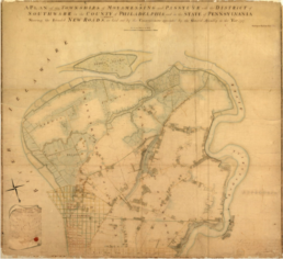 Plan of Moyamensing, Southwark, Passyunk &c. within the limits, from South St. to Delaware River on the south and from the Delaware River on the east to the Schuylkill River on the west. Approved by Commissioners. Directed by an Act of the General Assembly, Sept. 29. 1787. John Hills, Surveyor., 1788
