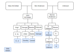 Family tree showing the identified descendants of Ben Anderson through DNA Testing