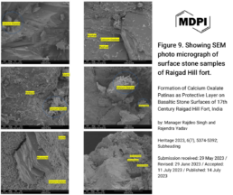 Stone Patina Dating Can Help Provide Context From the Environment (Figure 9: Showing SEM photo micrograph of surface stone samples of Raigad Hill fort. - Formation of Calcium Oxalate Patinas as Protective Layer on Basaltic Stone Surfaces of 17th Century Raigad Hill Fort, India (Singh et al., 2023))