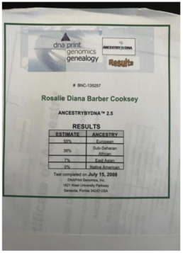 Photo of Jerome Lafayette Narramore's mom's ancestrybydna test results