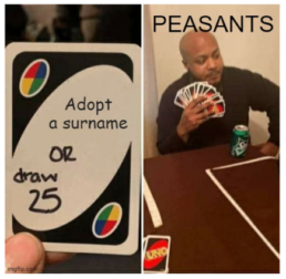 UNO game card that says adopt a surname or draw 25
