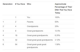 Table describing random recombination of DNA through six generations