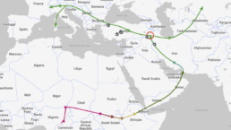 Migration map of Haplogroup G from the FamilyTreeDNA Discover report, showing its migration patterns and spread across the Caucasus and nearby regions.