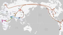 Migration map of Haplogroup Q from the FamilyTreeDNA Discover report, displaying the migration routes and distribution across Native American and Central Asian populations.