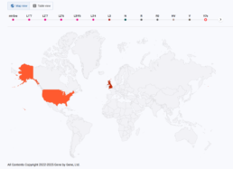 Screenshot of the Country Frequency Map from mtDNA Discover, displaying the geographic distribution of a haplogroup. The map highlights countries where the haplogroup is commonly found, with the United States and the United Kingdom shaded in orange. A haplogroup timeline is shown at the top, illustrating ancestral branching points. Users can toggle between map and table views to explore the data further.
