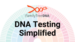 FamilyTreeDNA DNA Testing Simplified promotional graphic. The image features the FamilyTreeDNA logo above bold text that reads 'DNA Testing Simplified,' with a colorful circular pedigree chart in the background representing genetic genealogy and DNA inheritance.