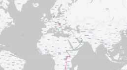 Screenshot of the Expanded Migration Map from mtDNA Discover, displaying a detailed migration path of a maternal haplogroup. The map traces the movement of ancestors from Africa through the Middle East, Europe, and beyond, with color-coded migration routes indicating different branches. A highlighted location in Central Europe marks a significant haplogroup event. This interactive map allows users to explore their maternal lineage over time, including connections to ancient DNA samples.