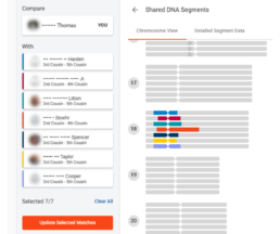 Screenshot of the FamilyTreeDNA Chromosome Browser displaying shared DNA segments with multiple matches. The image shows a chromosome view highlighting overlapping segments in different colors, representing shared DNA regions with selected matches.