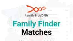 FamilyTreeDNA Family Finder Matches promotional graphic. The image features the FamilyTreeDNA logo above bold text that reads 'Family Finder Matches,' with a blurred background displaying a smiling woman and a DNA ethnicity estimate map.