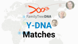 FamilyTreeDNA Y-DNA Matches promotional graphic. The image features the FamilyTreeDNA logo above bold text that reads 'Y-DNA Matches,' with a background showing a migration map and profile photos representing paternal lineage connections.