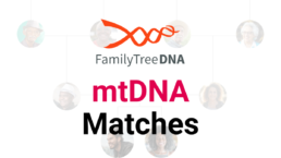FamilyTreeDNA mtDNA Matches promotional graphic. The image features the FamilyTreeDNA logo above bold text that reads 'mtDNA Matches,' with a blurred background showing a family tree structure and profile photos representing maternal lineage connections.