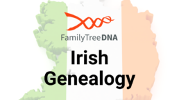 FamilyTreeDNA Irish Genealogy promotional graphic. The image features the FamilyTreeDNA logo above bold text that reads 'Irish Genealogy,' set against a 3D map of Ireland with the Irish flag colors in the background, representing Irish ancestry research through DNA testing and historical records.