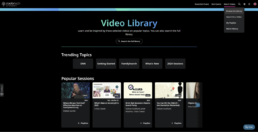 Screenshot of the RootsTech 2025 Video Library, featuring trending genealogy topics such as DNA, FamilySearch, and what's new in 2024. The interface displays popular on-demand sessions, including 'Where did you find that? Effective searches on FamilySearch.org' by Debbie Gurtler and 'What’s New at Ancestry in 2025' by Crista Cowan. Users can browse the full library, search for videos, and create playlists.
