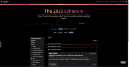 Screenshot of the RootsTech 2025 schedule page, displaying online and in-person session filters, suggested topics, and a personalized schedule-building tool. The interface highlights a DNA-related webinar titled 'Integrating Autosomal, Y-DNA, and mtDNA Results Together' by Dave Vance, available for online attendees on March 8 at 2:30 PM CST.