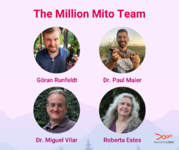 Photo collage of the Million Mito Team, featuring Göran Runfeldt, Dr. Paul Maier, Dr. Miguel Vilar, and Roberta Estes. These experts led the development of the updated mtDNA Tree of Humankind, refining maternal ancestry research through the Million Mito Project.