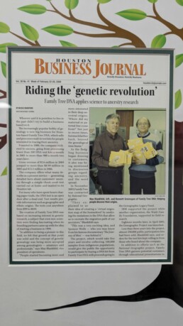 Framed Houston Business Journal article from February 2008 featuring Max Blankfeld and Bennett Greenspan of FamilyTreeDNA, highlighting the company’s rapid growth in DNA testing for ancestry research.