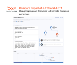 Screenshot of FamilyTreeDNA’s haplogroup compare tool showing how two Y-DNA branches, J-FT3 and J-FT1, trace back to a shared paternal ancestor around 1750 CE