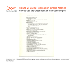 Index page from GBIG listing Irish population group names and surname occurrences, including several entries for Conchabhair. This index supports robust surname research and highlights the depth of available genealogical data for clan analysis.