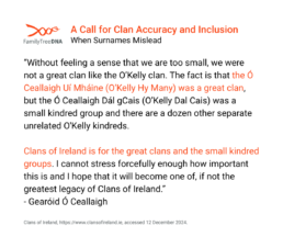 Quote from Gearóid Ó Ceallaigh highlighting the importance of recognizing both great clans and small kindred groups in Irish genealogy. The quote supports efforts to challenge dominant narratives and elevate lesser-known lineages like Ó Maol Phádraig.