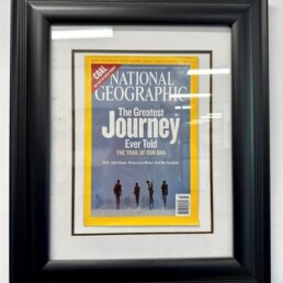 Framed copy of the March 2006 National Geographic magazine featuring the cover story “The Greatest Journey Ever Told: The Trail of Our DNA,” which highlights the Genographic Project. This issue once hung in the FamilyTreeDNA front office.