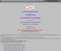 Screenshot of a webpage captured via the Wayback Machine, documenting the 1st International Conference on Genetic Genealogy hosted by FamilyTreeDNA on October 30, 2004, in Houston, Texas. This was the first FamilyTreeDNA Group Project Administrator conference.