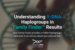 Featured image with DNA strands and a male silhouette, overlaid with the blog title “Understanding Y-DNA Haplogroups in Family Finder Results” and a tagline about how Family Finder provides a Y-DNA haplogroup for paternal ancestry insights.