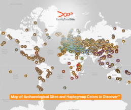 Map showing global distribution of over 7,300 ancient male DNA samples placed on the FamilyTreeDNA haplotree. Sites span Europe, Asia, Africa, Oceania, and the Americas. Each marker represents an archaeological location color-coded by haplogroup.